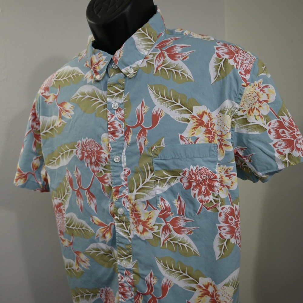 J.Crew Button Up Mens XL Slim Blue Floral‎ Short Sleeve Flex Washed